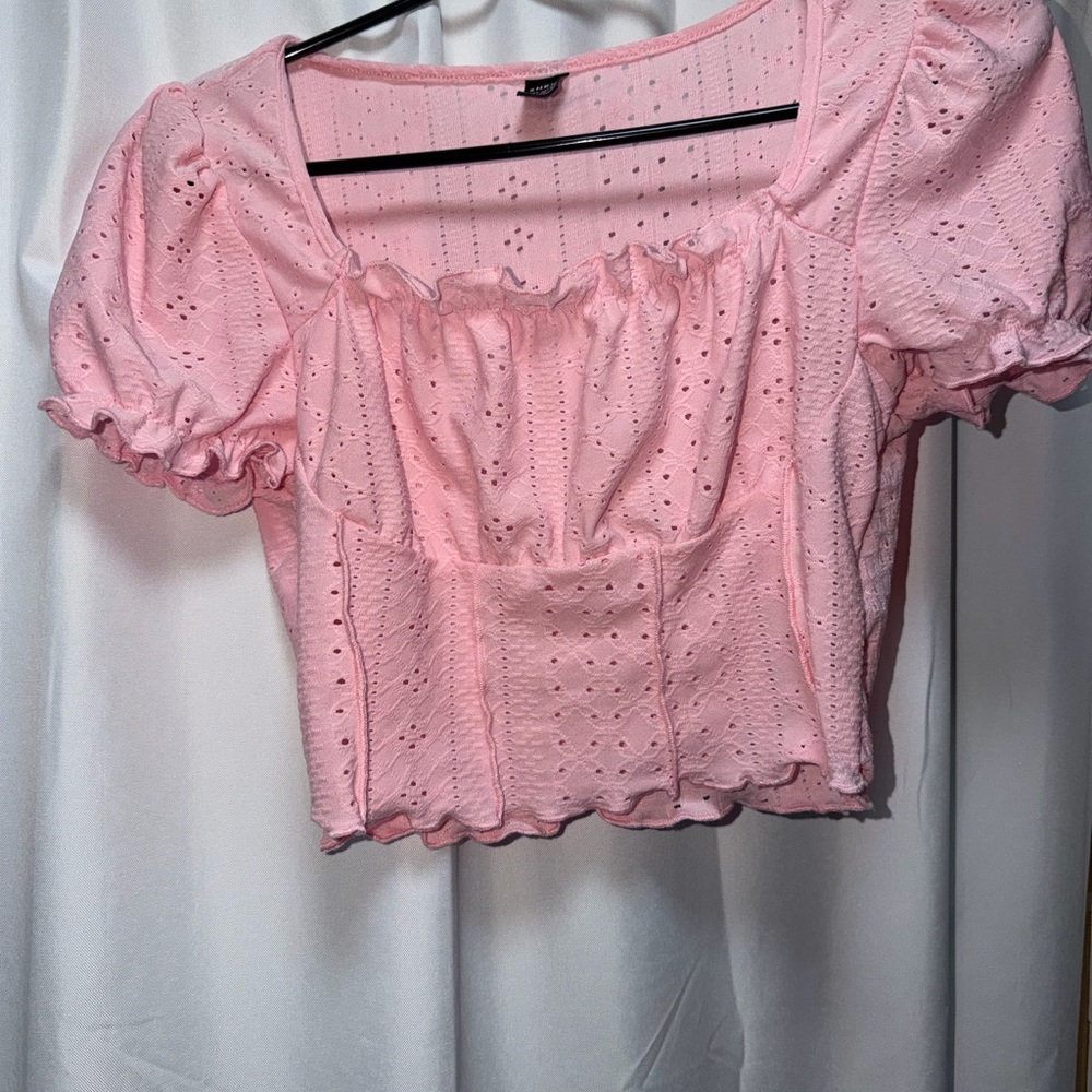 SHEIN Pink Eyelet Ruffle Blouse